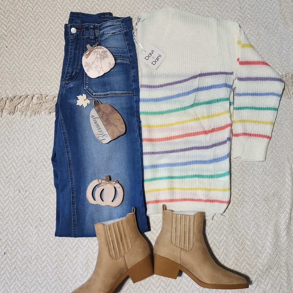 DAVI & DANI Cream Boho Colorblock Sweater with Colorful Stripes